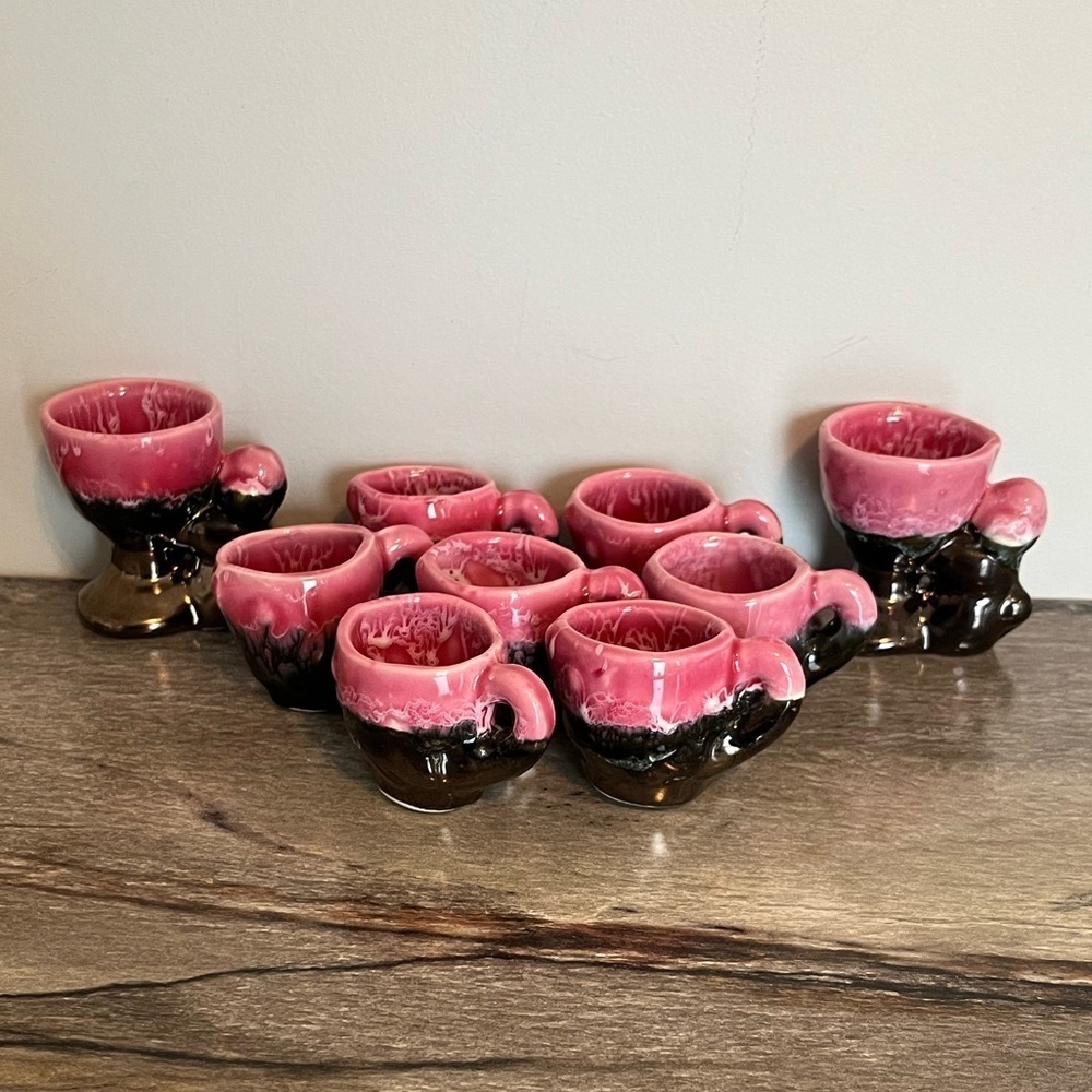 Vintage Vallauris Hand Painted Drip Glazed Egg Cups & 7 espresso mini shot cups